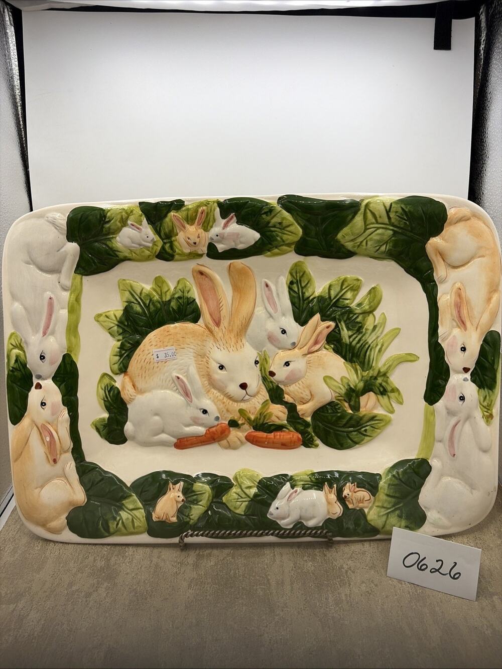 Rabbit Platter Easter Large 18"x12" Ceramic Raised Relief Serving Decor Easter